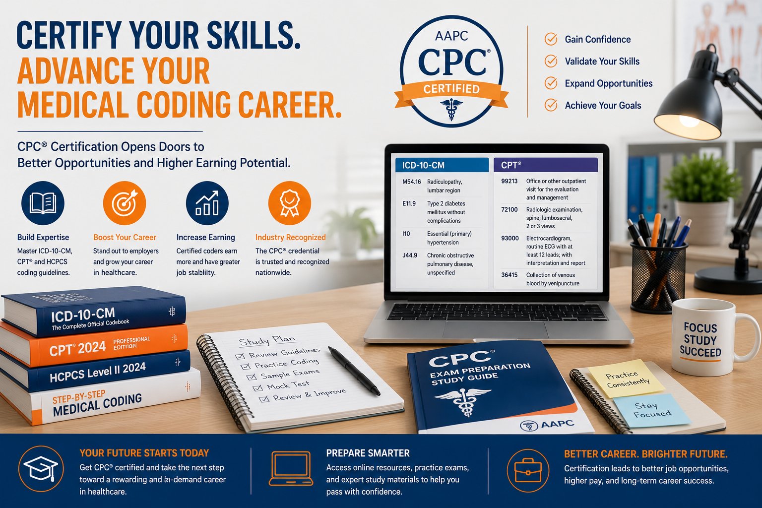 Medical coding certification training workspace featuring CPC certification exam preparation, ICD-10 and CPT coding manuals, certified medical coder study materials, and healthcare coding career advancement resources.