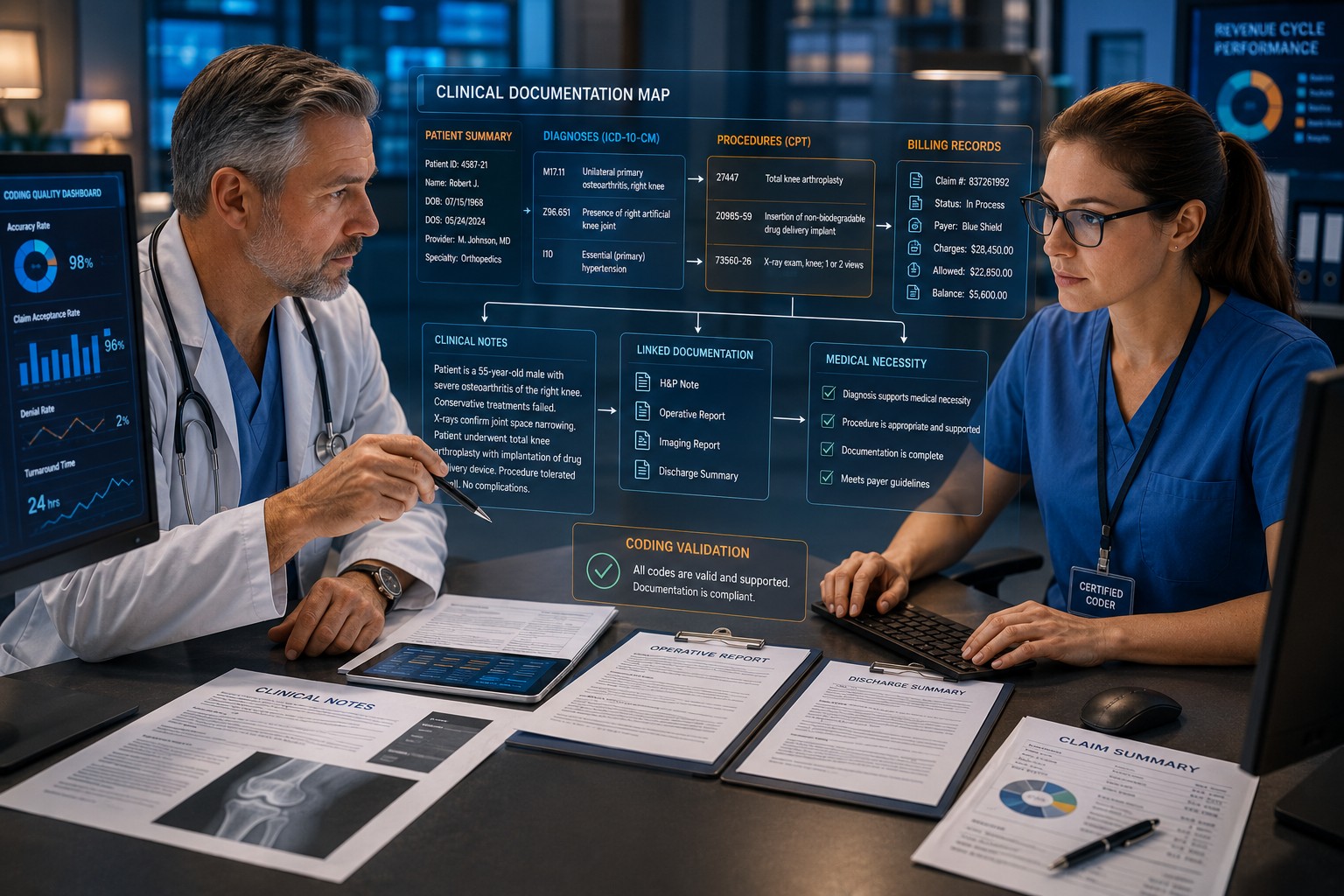 Physician and coding specialist reviewing clinical documentation to improve billing accuracy