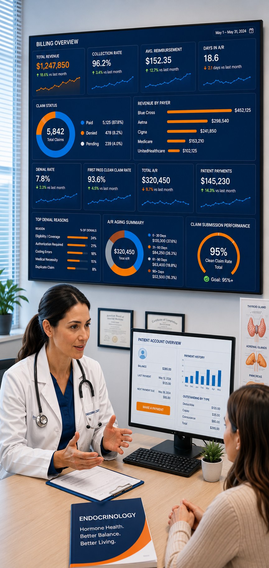 Endocrinology Billing Services dashboard and endocrinology medical billing services consultation for improved revenue cycle management