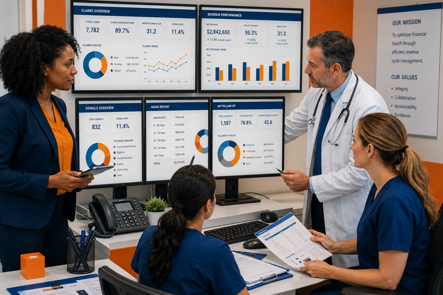 Healthcare billing team reviewing workflow analytics, claim tracking reports, and operational performance dashboards in a modern medical office