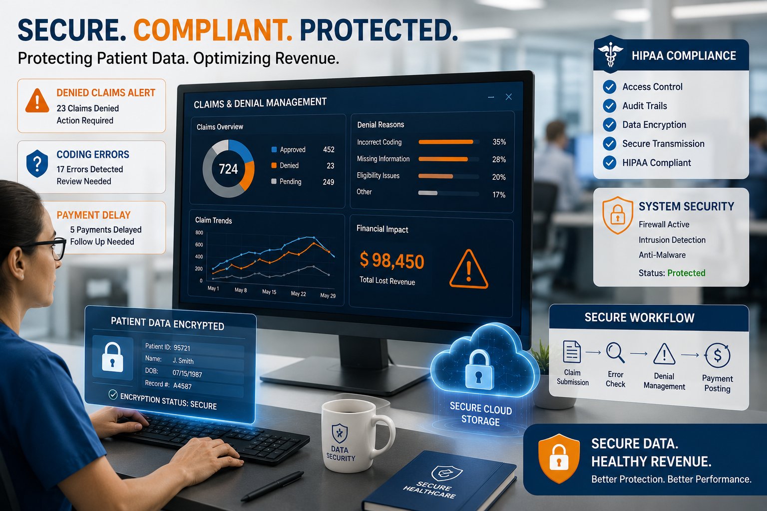 Healthcare billing companies ensuring HIPAA compliance, secure claims management, and revenue cycle management services