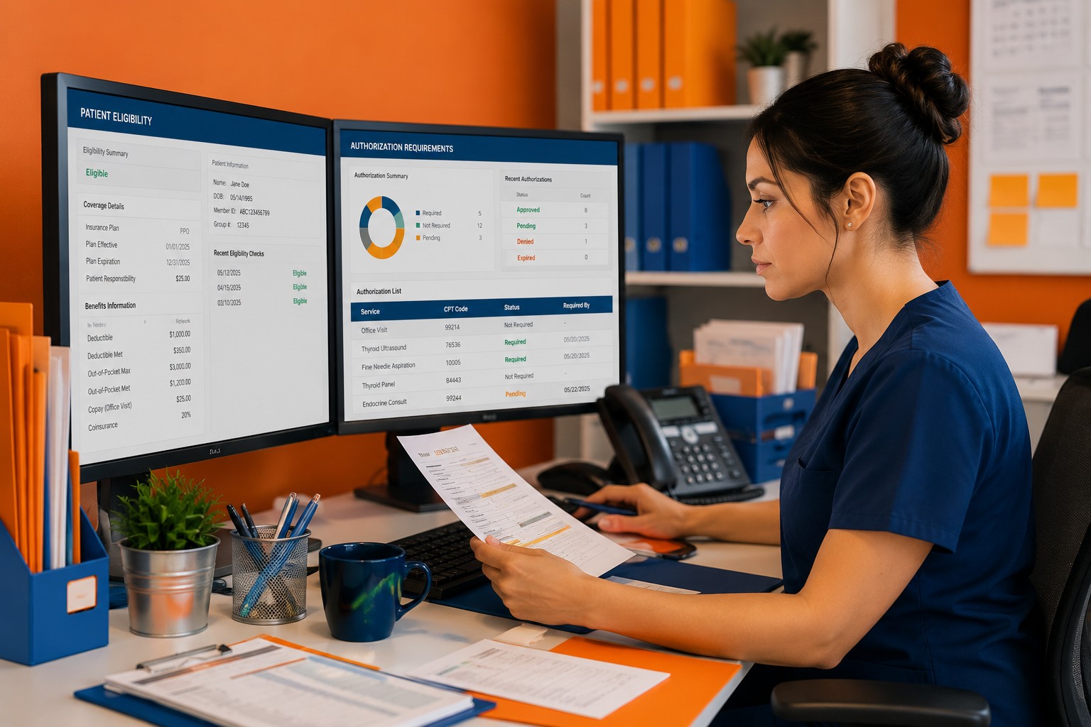 Insurance eligibility specialist reviewing patient coverage and authorization requirements before claim submission