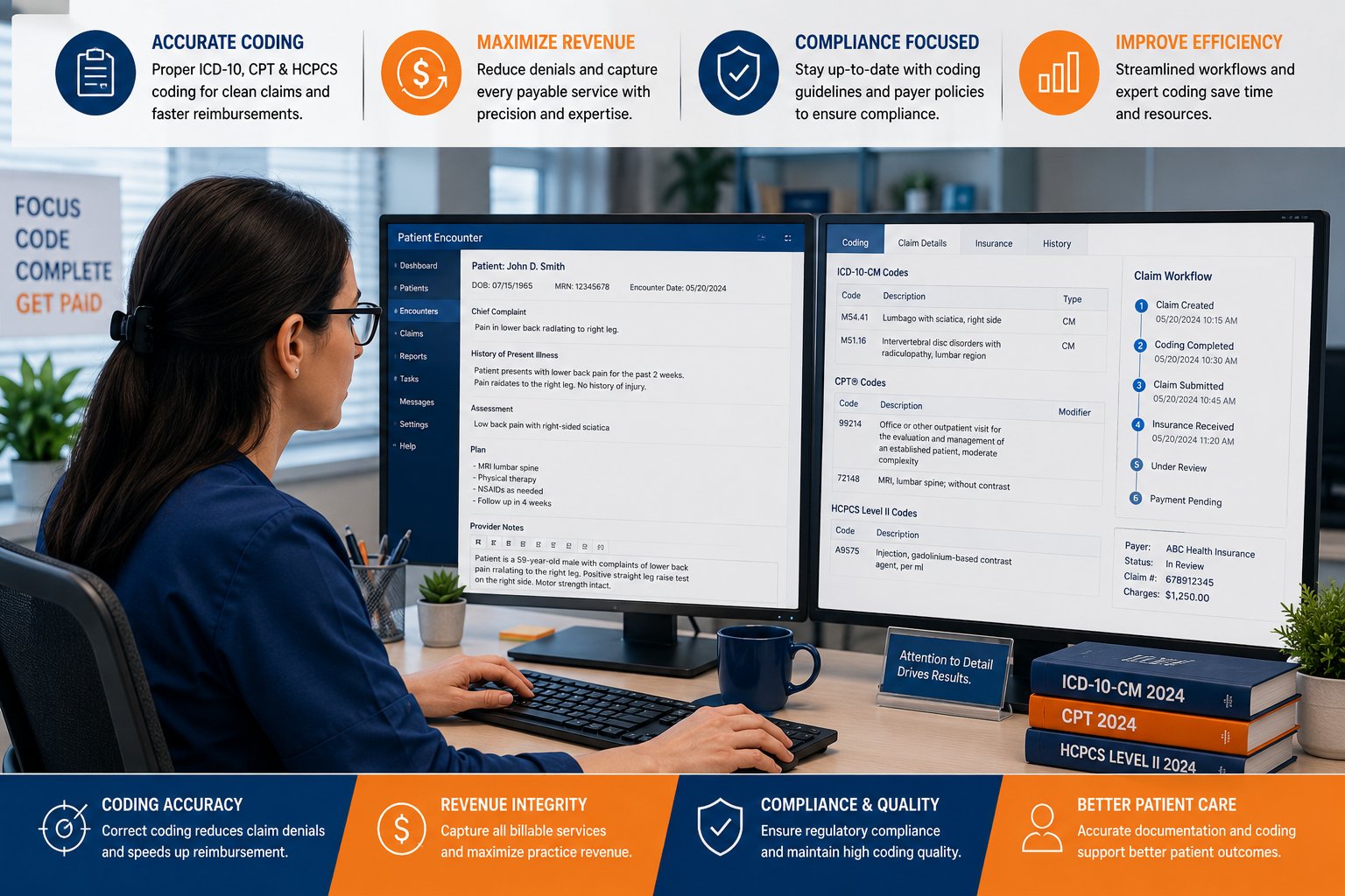 Medical billing and coding salary career concept showing certified medical coder using ICD-10, CPT, and HCPCS coding software, healthcare reimbursement workflow, coding accuracy, and medical coding certification training.