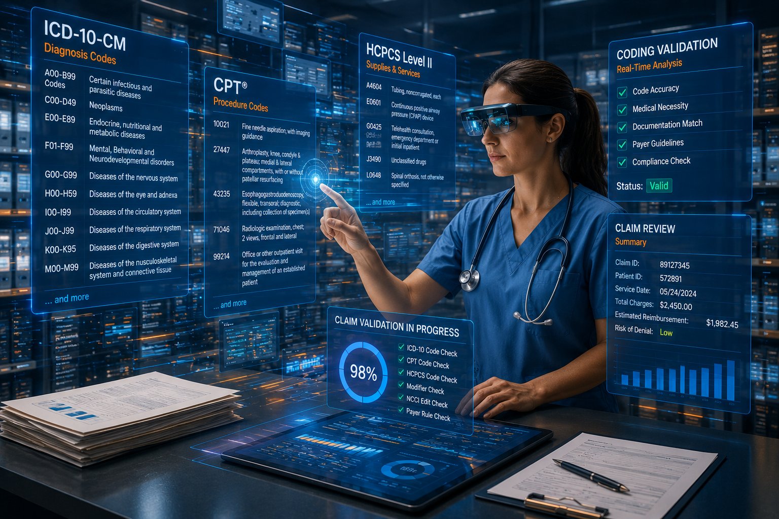 Healthcare professional reviewing coding updates and reimbursement requirements using advanced digital tools
