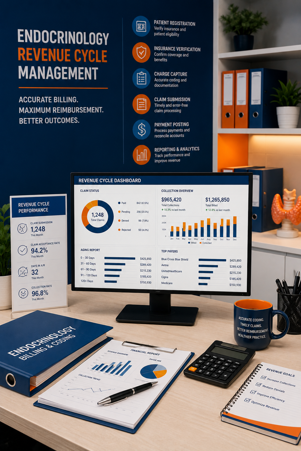 Endocrinology insurance verification and billing workflow dashboard in modern healthcare office