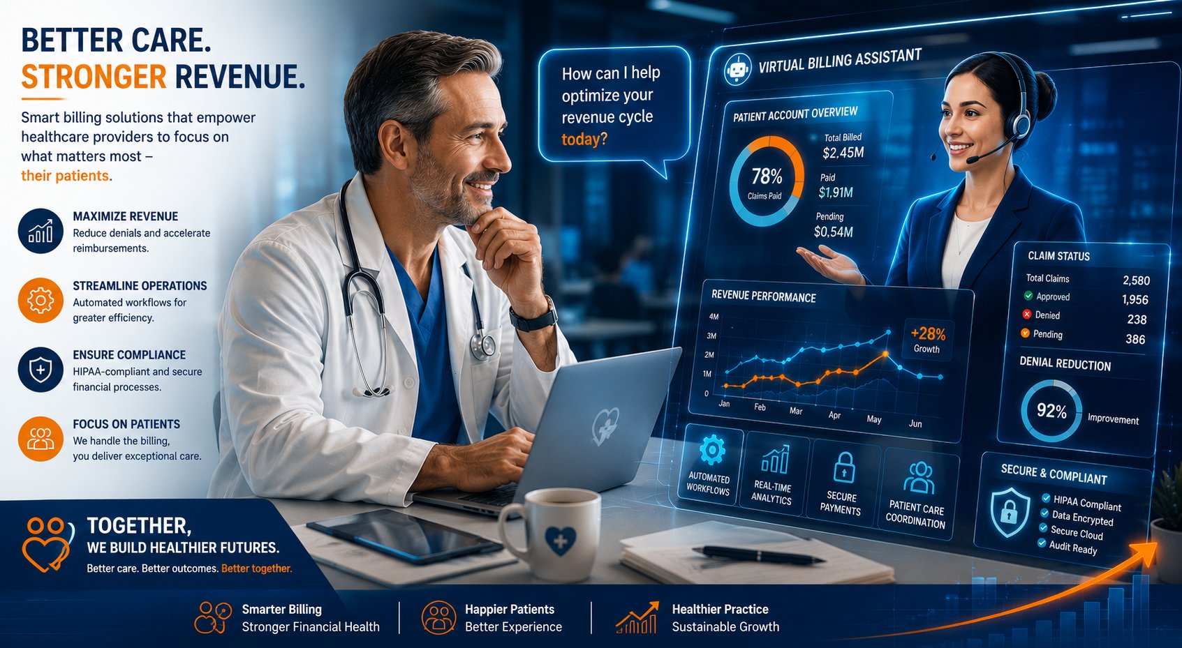 Healthcare revenue cycle management solutions with virtual medical billing assistant, AI-powered billing analytics, claims management dashboard, and healthcare reimbursement optimization for providers.