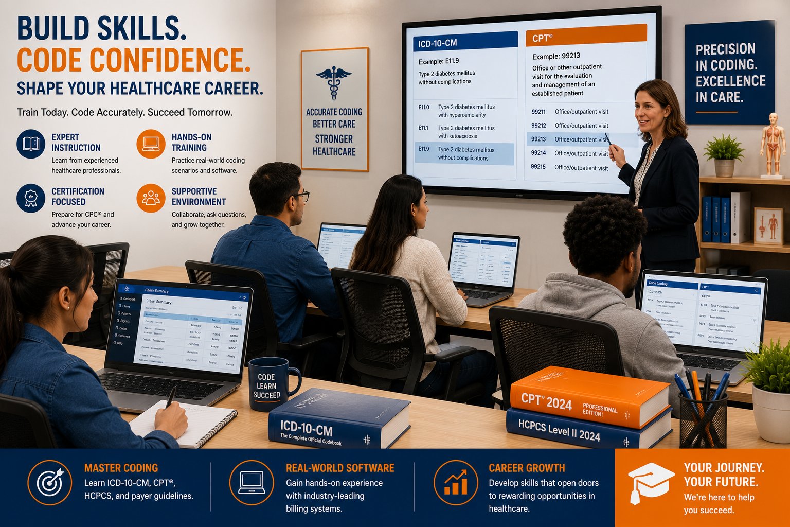 Medical coding training classroom with students learning ICD-10, CPT, and HCPCS coding, CPC certification preparation, healthcare billing software training, and medical billing and coding career development.