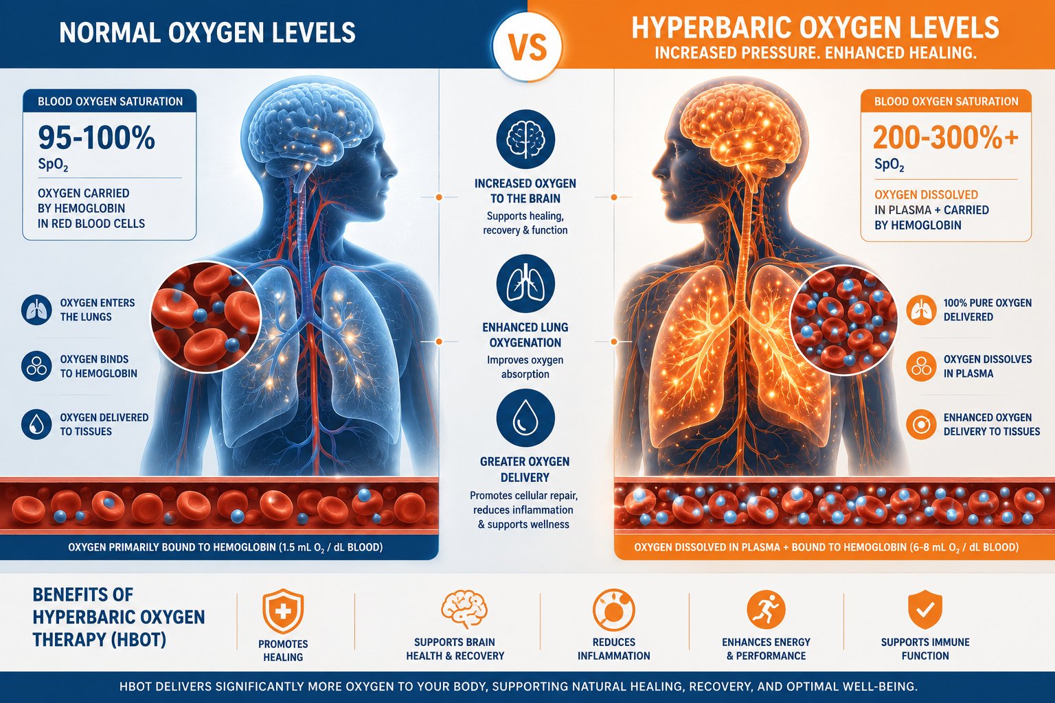 diagram showing how HBOT increases oxygen delivery to the brain for PTSD and TBI treatment