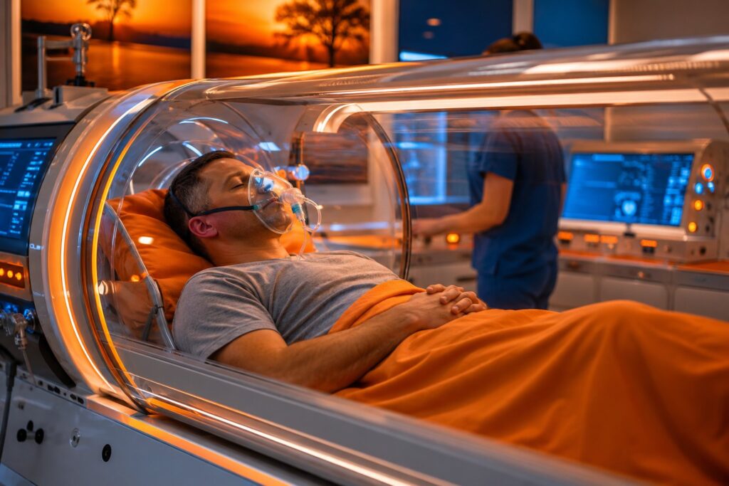 veteran receiving hyperbaric oxygen therapy for PTSD inside a pressurized hyperbaric chamber Description