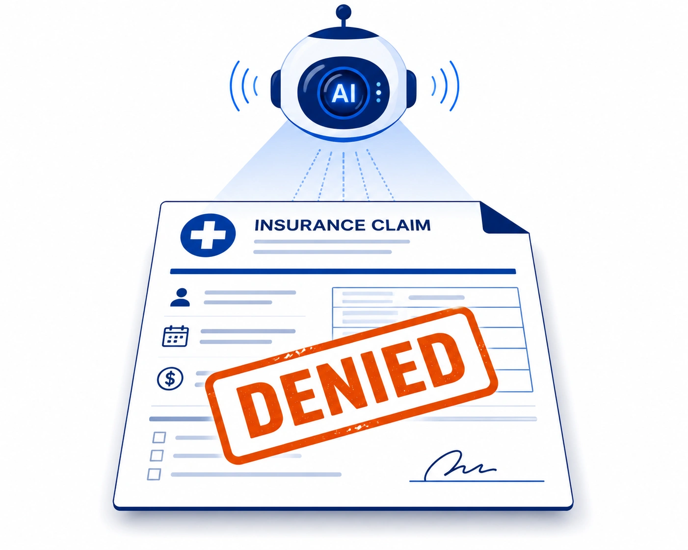 Illustration of an insurance AI denying claims 2026 rejection stamped on a claim form