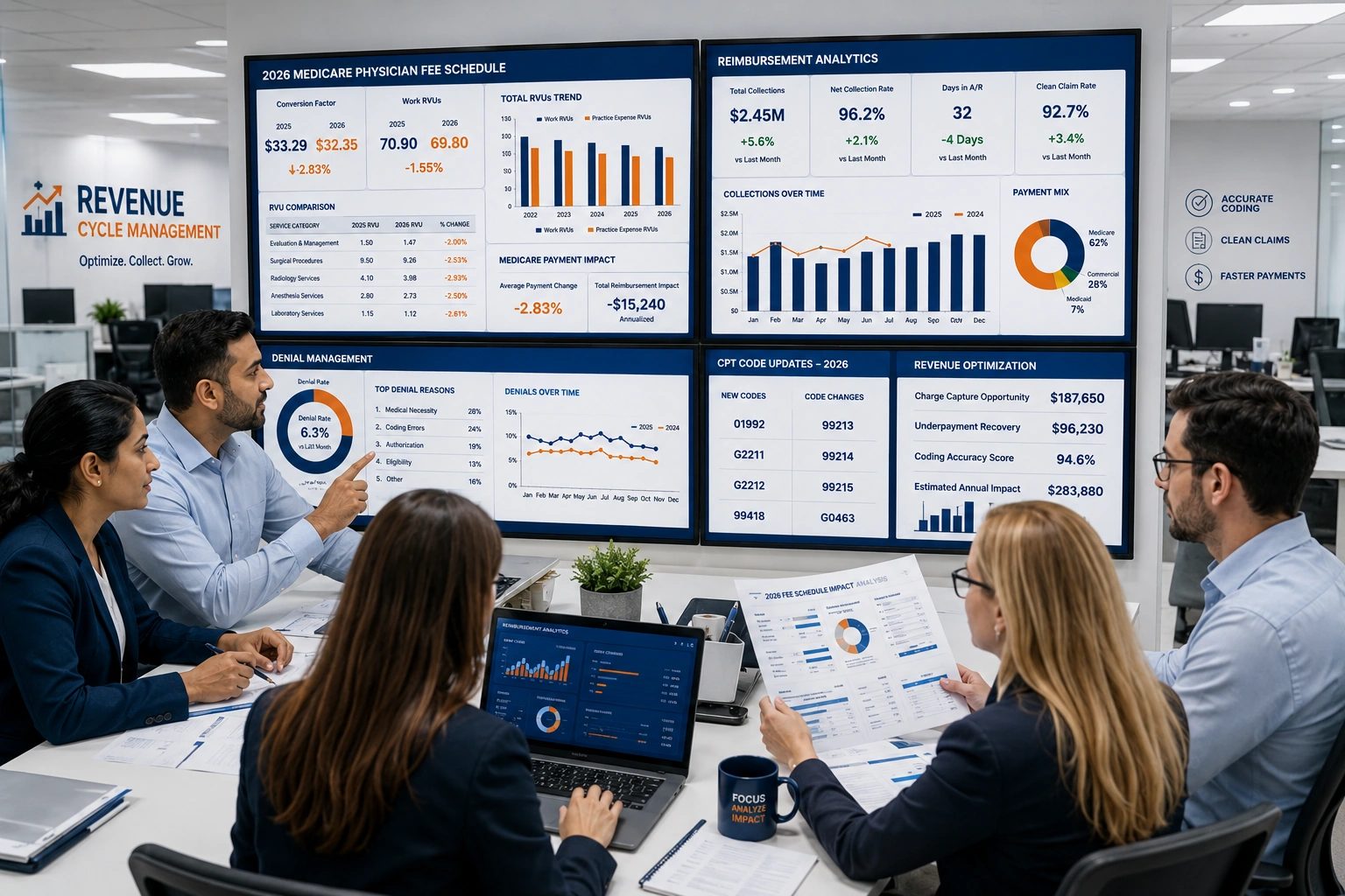RCM team reviewing Medicare Physician Fee Schedule 2026 cuts