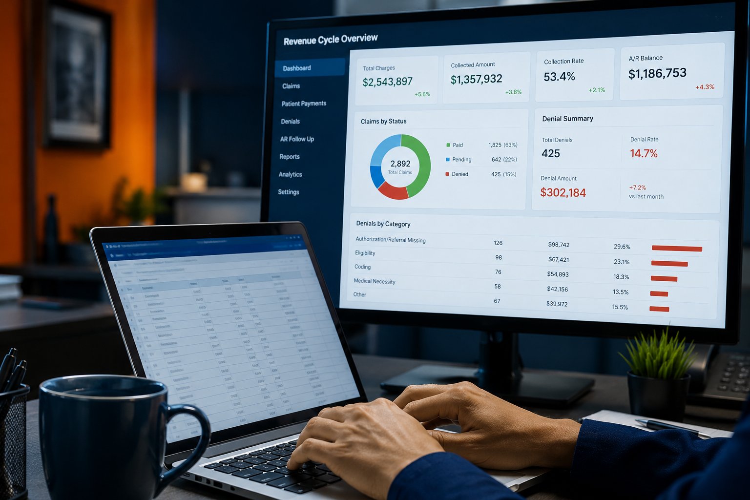orthopedic revenue cycle management dashboard showing high claim denial rates