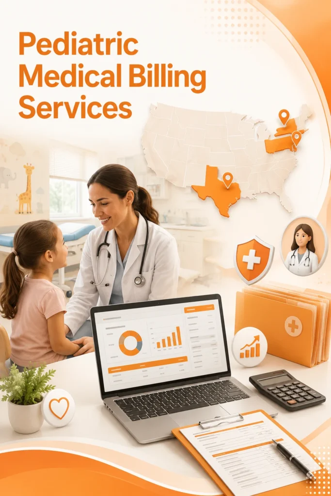 Pediatric medical billing services illustration showcasing revenue cycle management, insurance claims processing, denial management, and reimbursement optimization for pediatric healthcare practices.