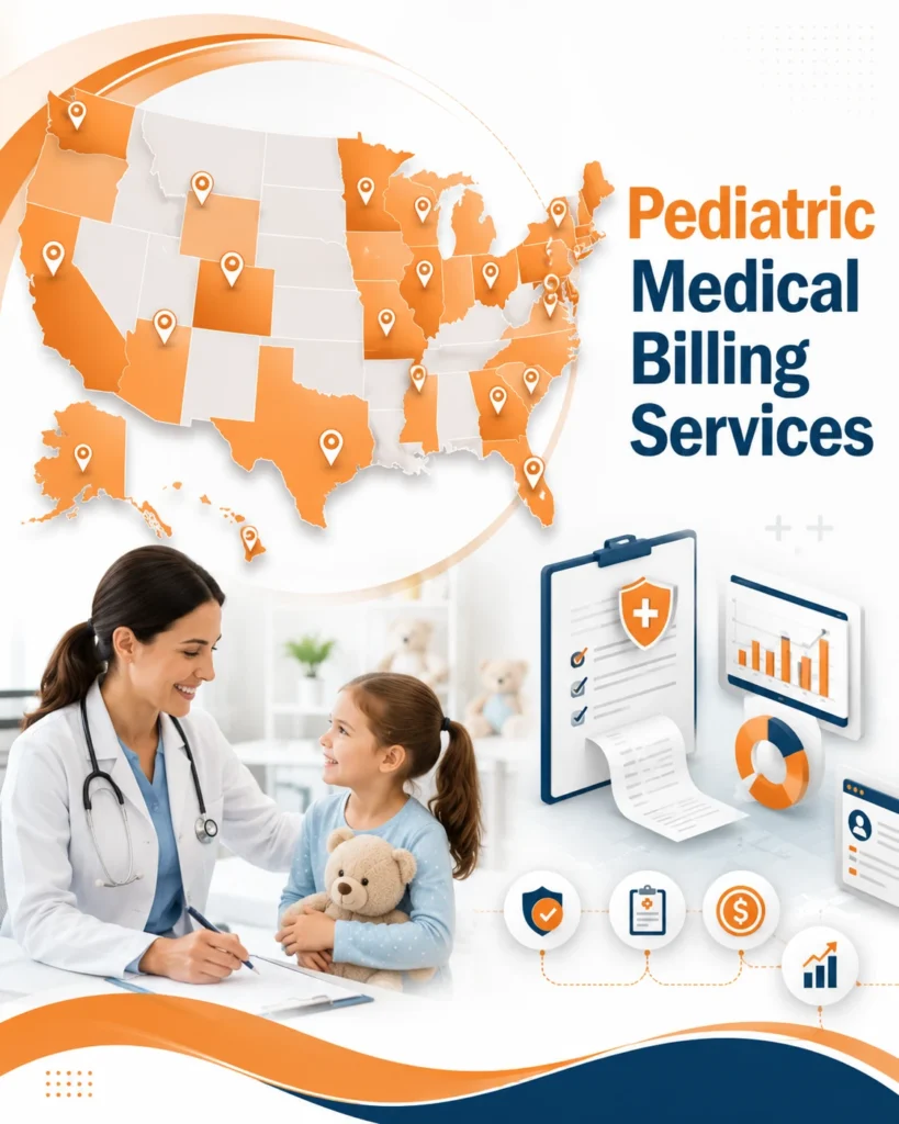 Pediatric medical billing services infographic featuring a USA map, nationwide service coverage, revenue cycle management, claims management, and reimbursement optimization for pediatric healthcare practices.