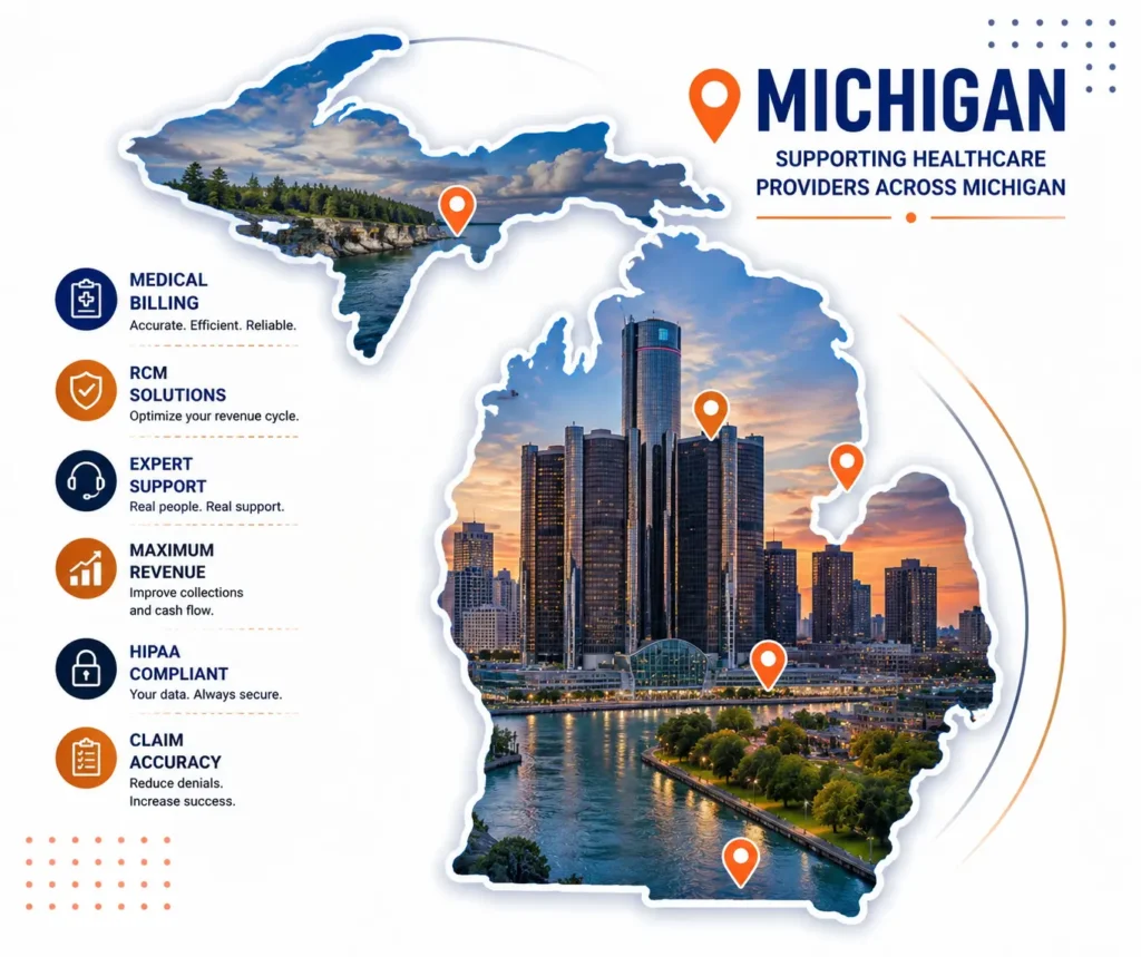 Michigan Medical Billing Services coverage map featuring Detroit skyline, statewide healthcare provider locations, Revenue Cycle Management, and professional medical billing solutions by UtreatiBill.