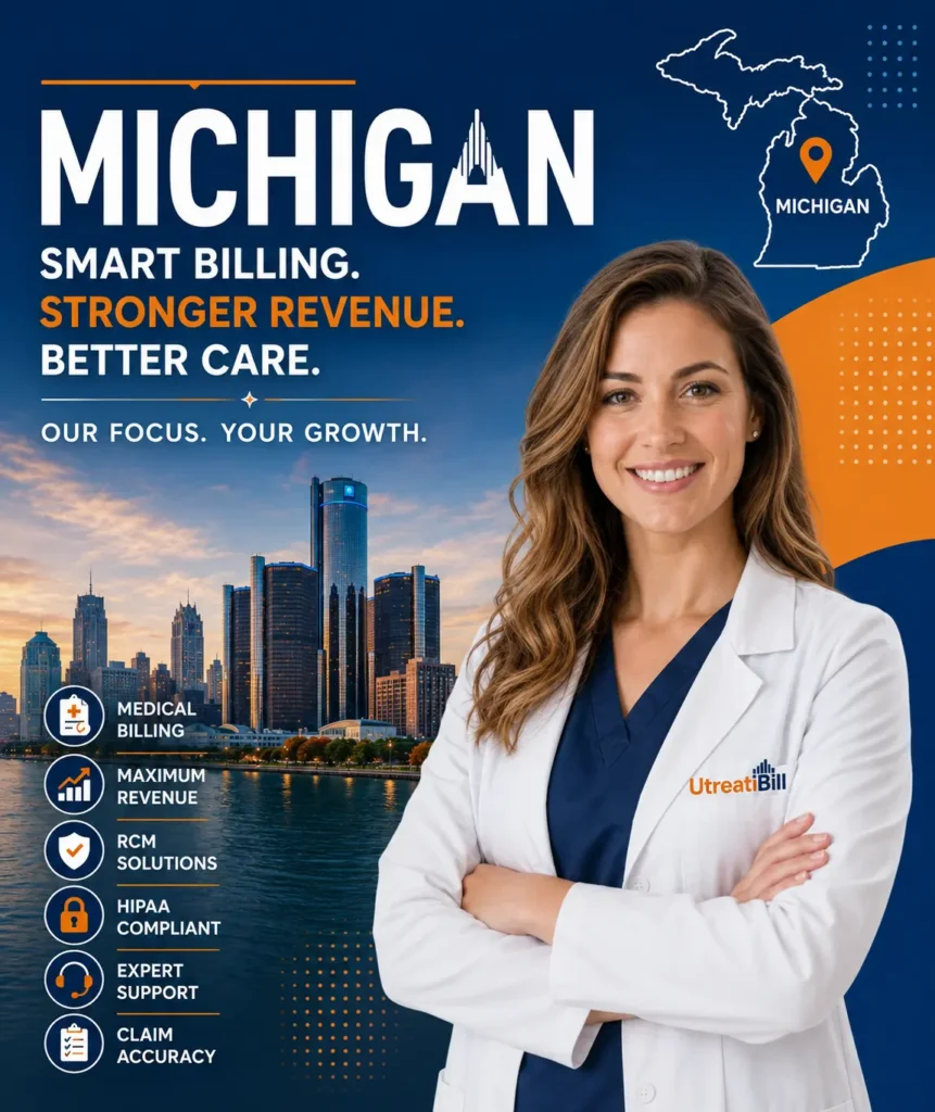 Healthcare professional representing Michigan Medical Billing Services with Detroit skyline, Revenue Cycle Management, HIPAA-compliant billing, and medical billing support by UtreatiBill.