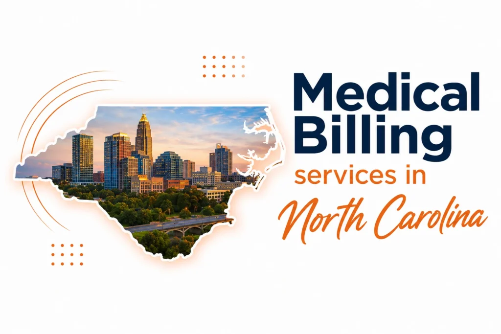 Medical Billing Services in North Carolina featuring the North Carolina state silhouette with the Charlotte skyline
