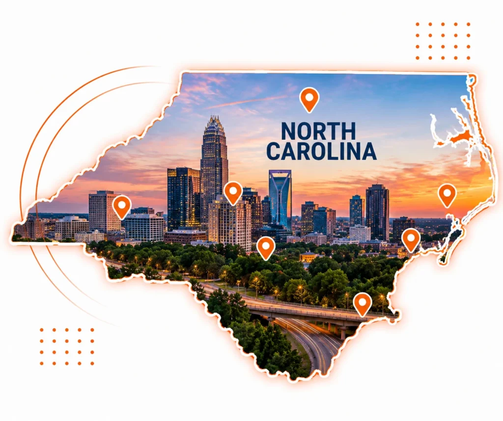 North Carolina state outline featuring the Charlotte skyline with location markers representing medical billing services across North Carolina.