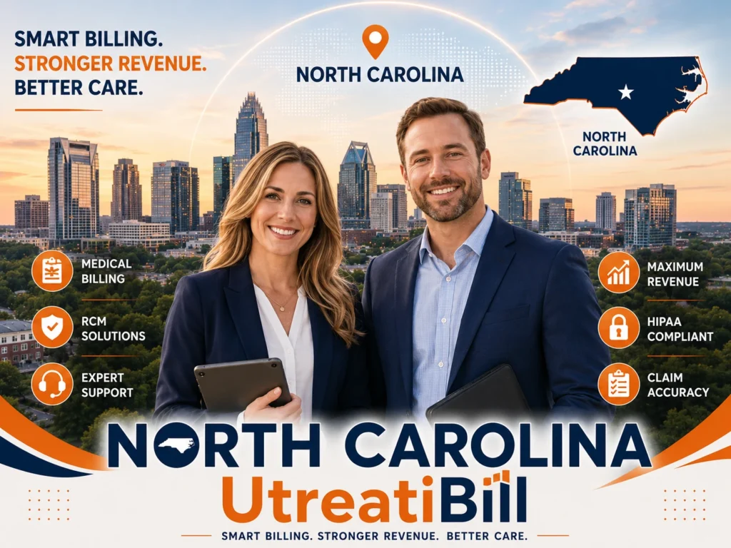 Professional North Carolina medical billing services banner featuring local healthcare professionals and the Charlotte skyline