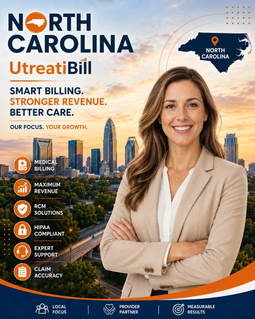 Professional North Carolina medical billing services poster featuring a healthcare business professional and the Charlotte skyline.