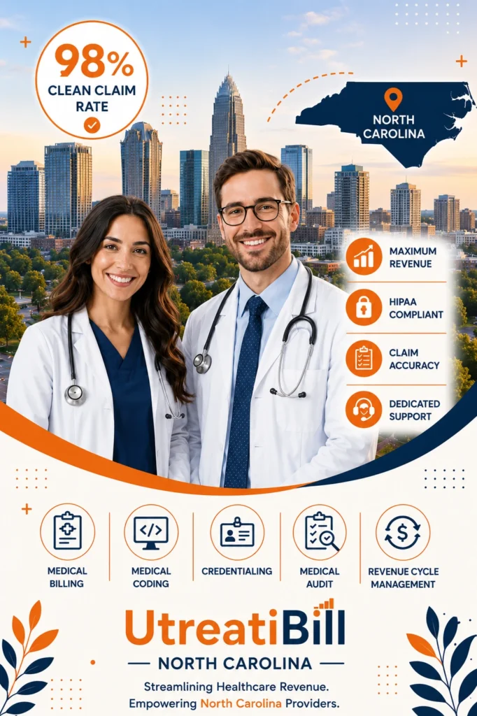 Professional medical billing services in North Carolina featuring healthcare providers and the Charlotte skyline