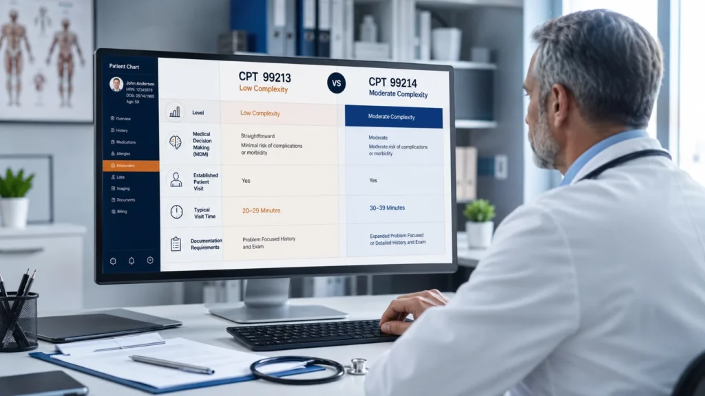 CPT 99213 vs 99214 guide for physician billing 2026