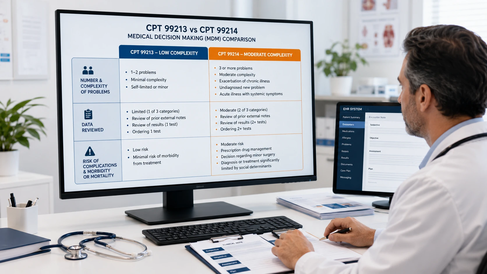 CPT 99213 vs 99214 MDM requirements comparison chart
