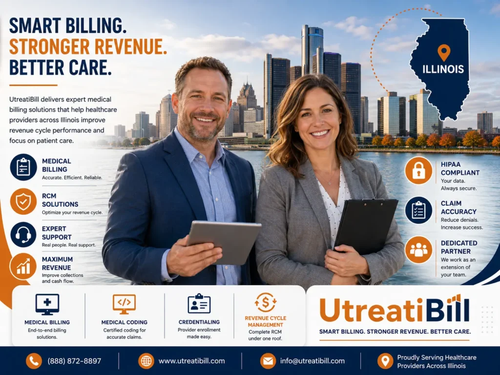 Professional healthcare billing team representing Michigan Medical Billing Services with Detroit skyline, Revenue Cycle Management, HIPAA-compliant billing, medical coding, and claim management solutions by UtreatiBill.