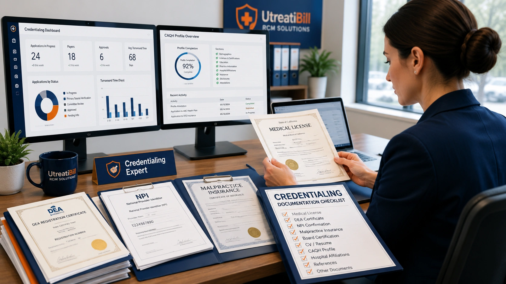Provider reviewing credentialing documents and CAQH profile at desk