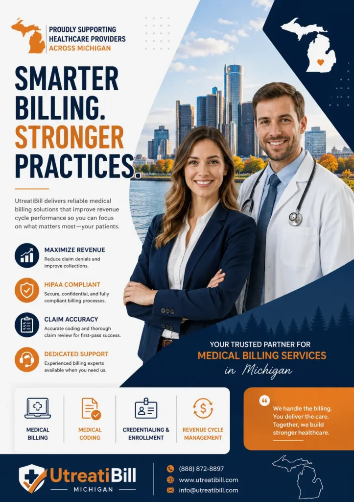 Professional healthcare billing team providing Medical Billing Services in Michigan with Detroit skyline, Revenue Cycle Management, HIPAA-compliant billing, medical coding, and claim management solutions.